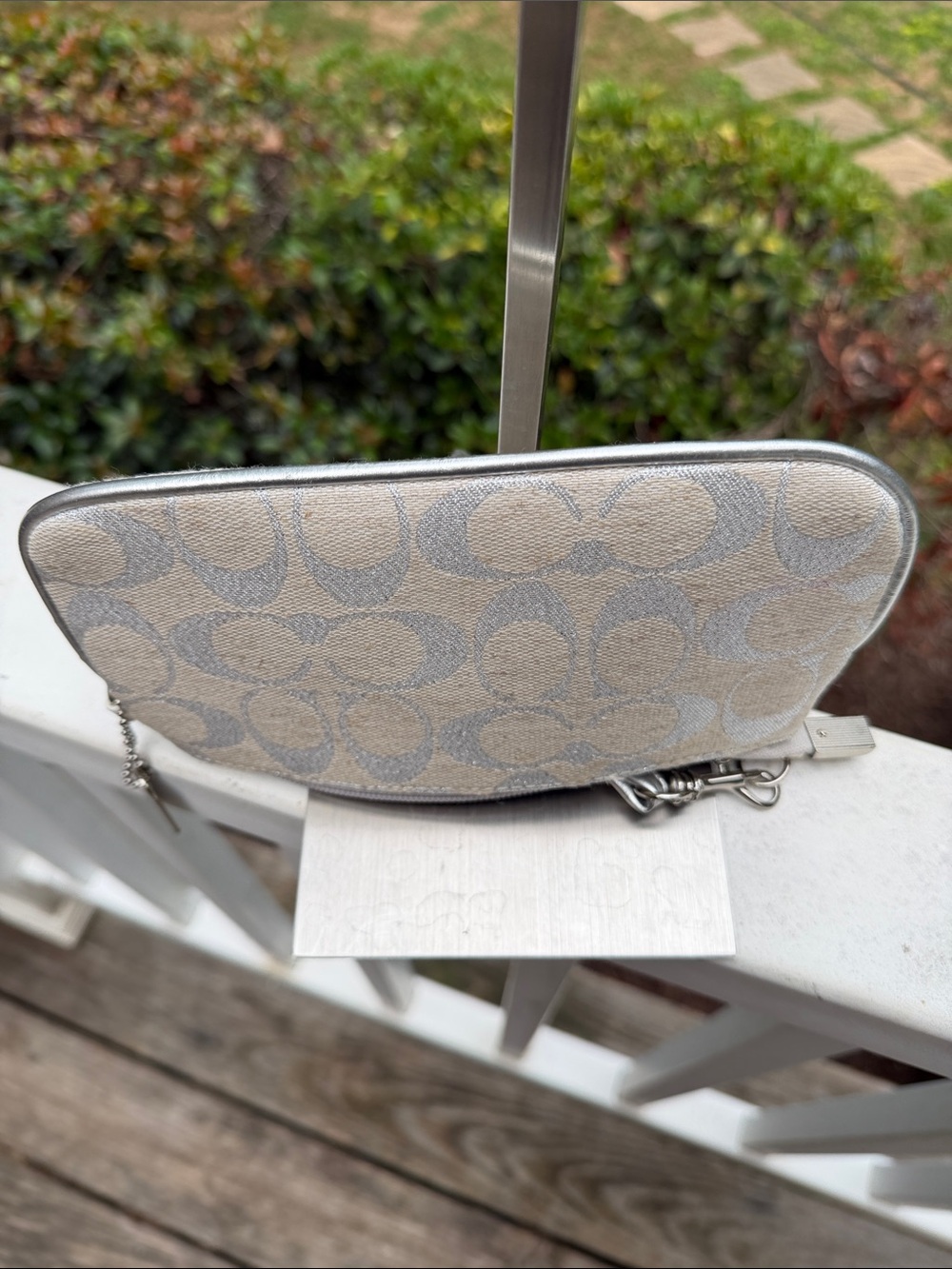Coach Cream and Metallic Silver Signature  Logo Large Canvas Wristlet 7765 - Picture 13 of 16